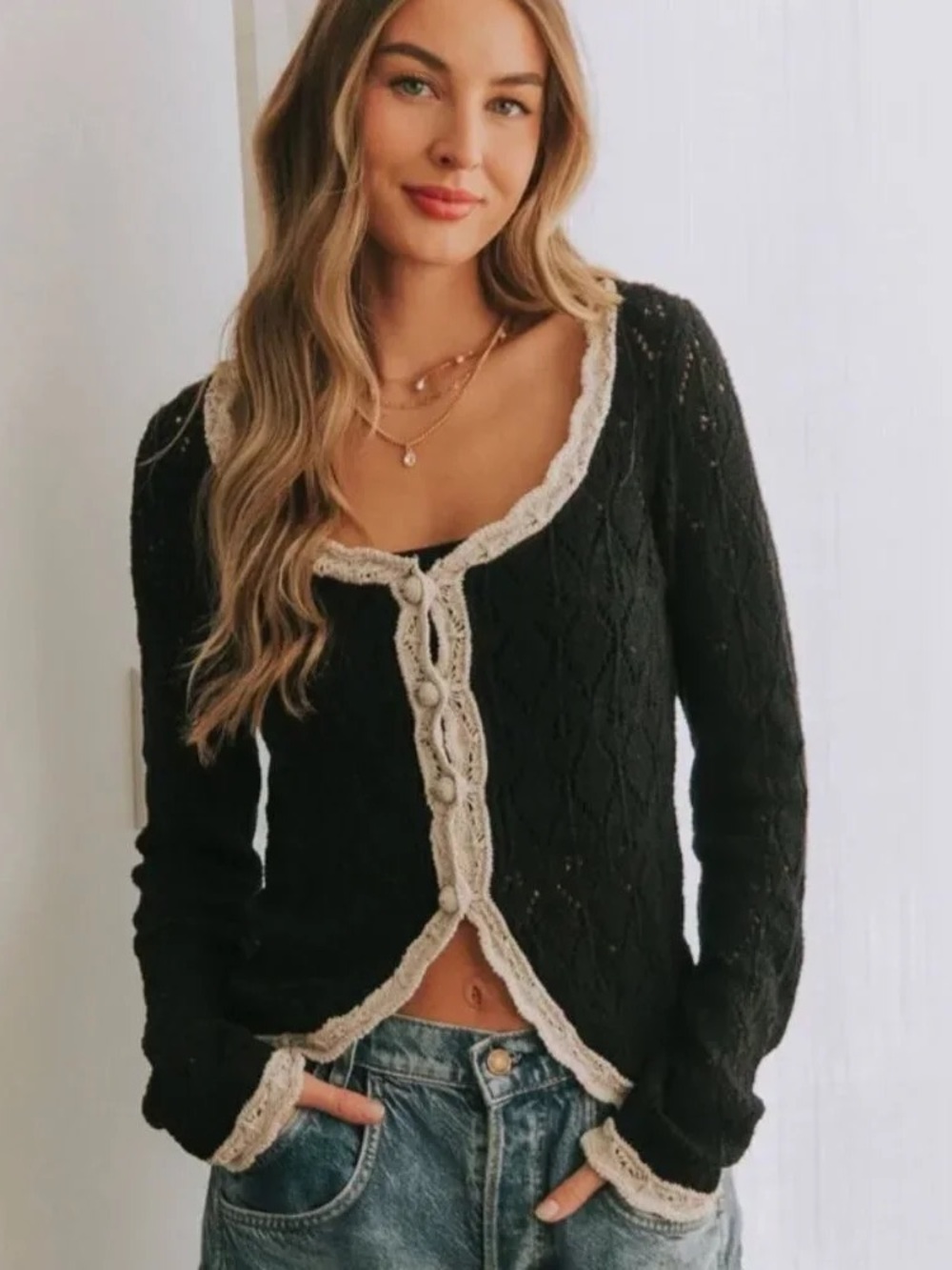 Free People Adelene Black Knit Cardigan